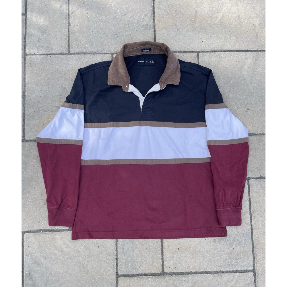 Abercrombie Fitch Mens L Rugby Polo Shirt Oversized Stripe Corduroy Collar